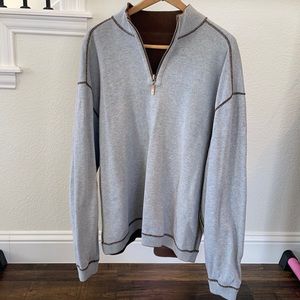 Tommy Bahama men’s 1/4 Zip grey with brown stitching sweater